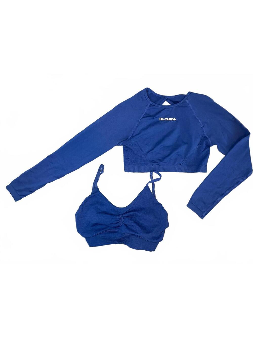 KLTURA Women's Medium 2 pc Blue Crop Long Sleeve Top & Sports Bra Set Activewear